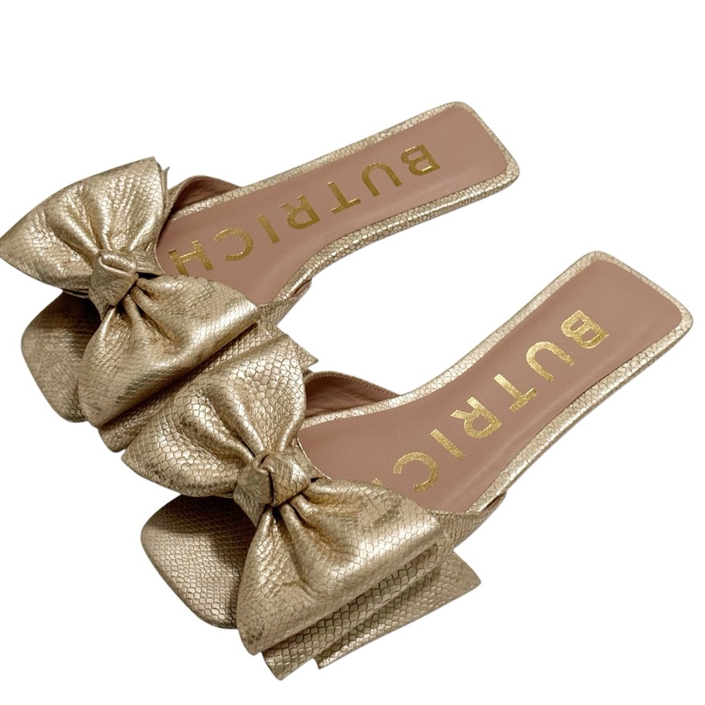 Butrich Irina Bow Metallic Gold Snakeskin Flat Sandal 5.5 - Picture 2 of 12